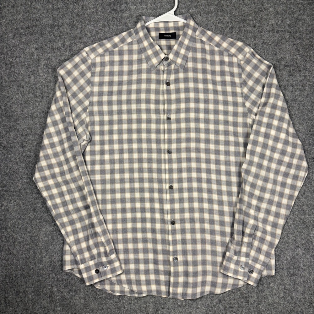 Theory Irving Plaid Button Down Shirt Mens Large Gray White Cotton Long Sleeve
